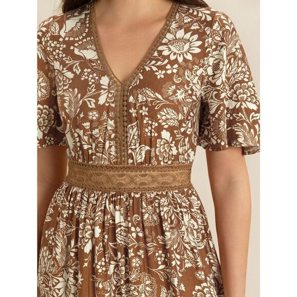 Cute Floral Ditsy Dress Nuetral Deep Tan Lace Waist Western Vibe Small - Picture 5 of 13
